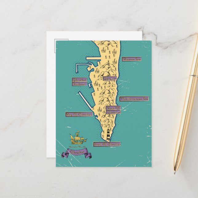 Illustrerad resa karta i Gibraltar Meddelande Vykort (Fram/Back In Situ)