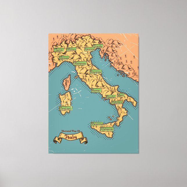 Illustrerad resa karta i Italien Canvastryck (Framsida)