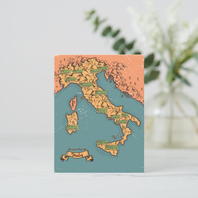 Illustrerad resa karta i Italien Inbjudan Vykort (Stående Fram)