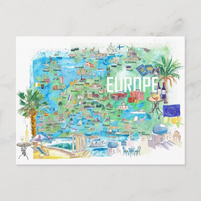 Illustrerad reseatlas för Europa Vykort (Framsida)