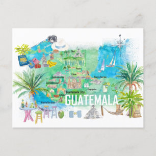 Illustrerad resekarta över Guatemala med vägar Vykort