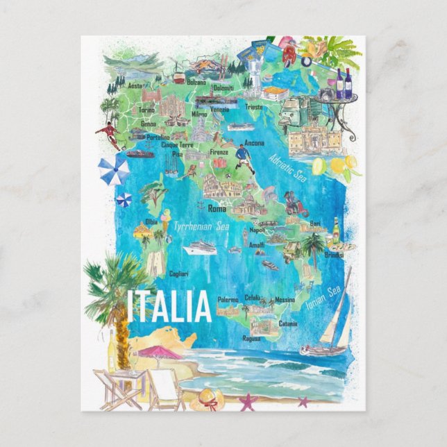 Illustrerad resekarta över Italien Vykort (Framsida)