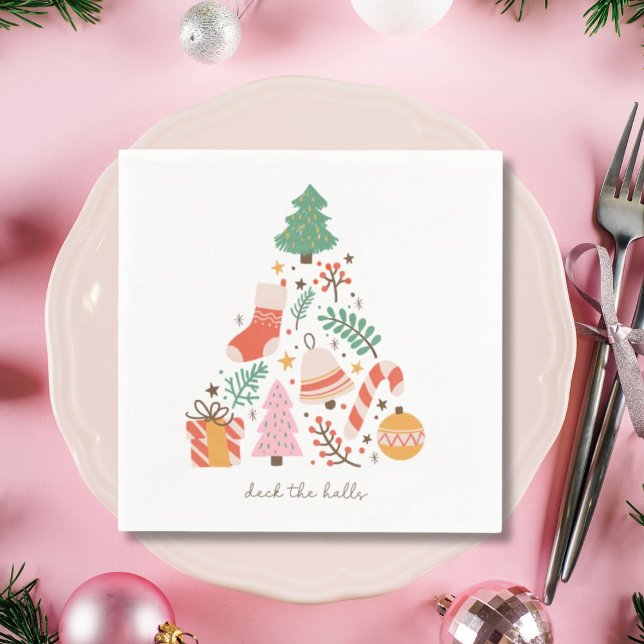 Illustrerad Retro-juldekan i Halls Pappersservett (Illustrated Retro Christmas Deck the Halls Napkins)