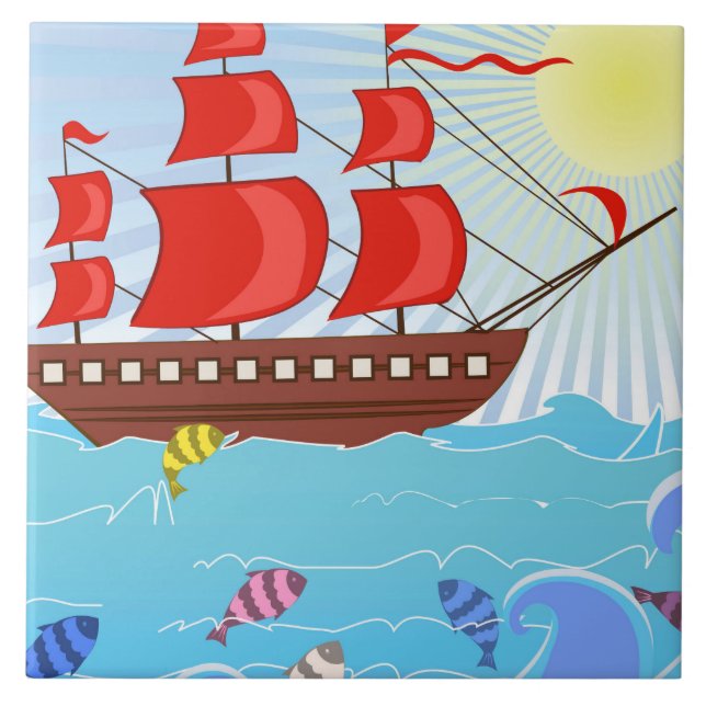 Illustrerad röd piratfrakt kakelplatta (Framsidan)