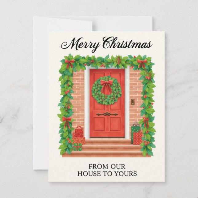 Illustrerad röda dörr girlang krans julkort (Framsida)