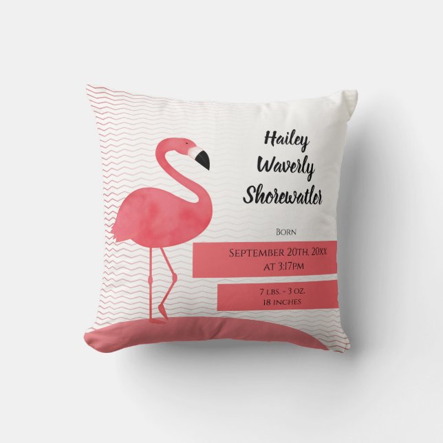 Illustrerad Rosa Flamingo Animal Birth Pillow Namn Kudde (Framsida)