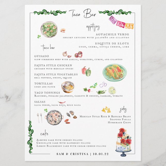 Illustrerad Skräddarsydd | Taco Bar Bröllopsmeny Meny (Framsida)