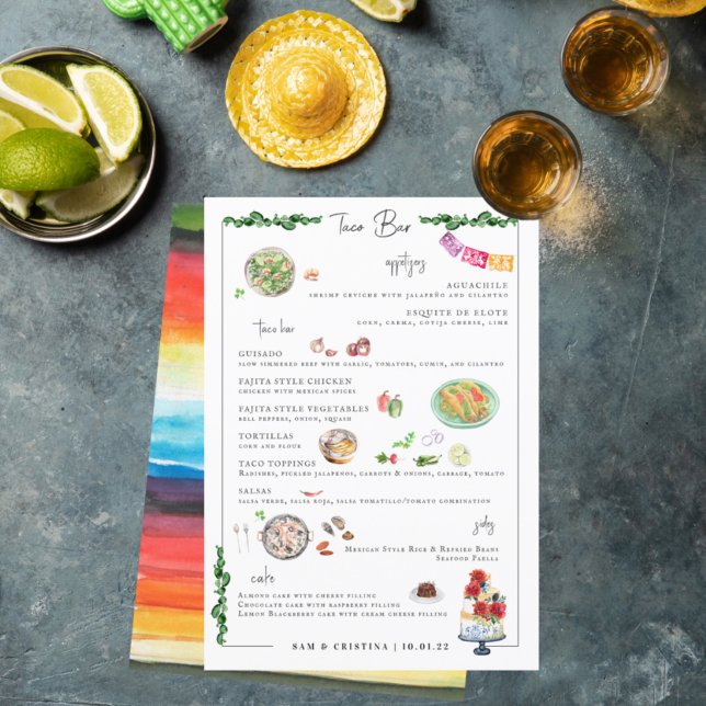Illustrerad Skräddarsydd | Taco Bar Bröllopsmeny Meny (Skapare uppladdad)