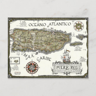 Illustrerad spansk Puerto Rico-karta vykort