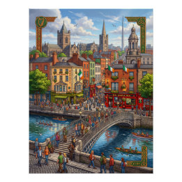 Illustrerad stadsbild av Dublin & Ha'penny Bridge Perfect Poster