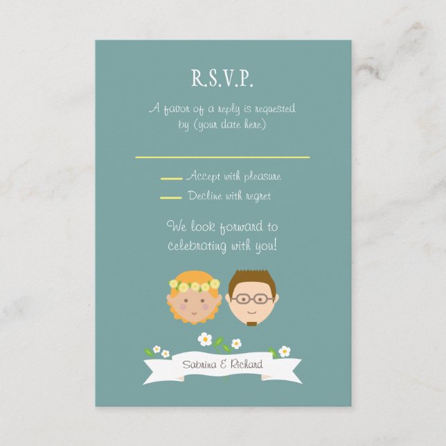 Illustrerad Tecknad par Porträtt Bröllop OSA Kort (Framsida)