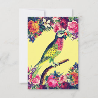 Illustrerad Vintage Parrot och Blommor Kort