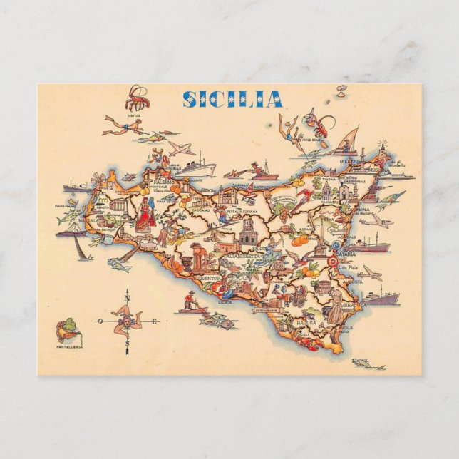 Illustrerad Vintagekarta över Sicilien vykort (Framsida)