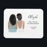Illustrerad Will you be my bridesmaid magnet<br><div class="desc">Enkelt och klassiskt "Kommer du att bli min brud?" magnet med en brud och brud. Anpassa namn och rollen till din inställning. Kolla vår samling efter andra hårstilar och klänningar. Kolla vår samling efter andra hårstilar och klänningar.</div>