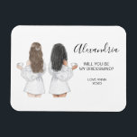 Illustrerad Will you be my bridesmaid magnet<br><div class="desc">Enkelt och klassiskt "Kommer du att bli min brud?" magnet med en brud och brud. Anpassa namn och rollen till din inställning. Kolla vår samling efter andra hårstilar och klänningar.</div>