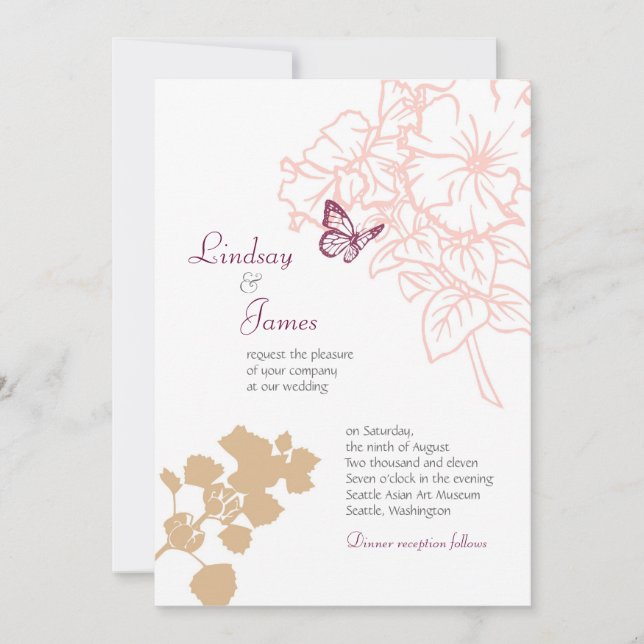 Illustrerade blommor och fjäril Garden Wedding Inbjudningar (Framsida)
