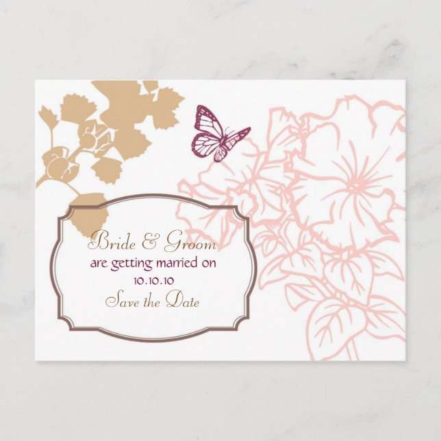 Illustrerade blommor och fjäril Garden Wedding Meddelande Vykort (Framsida)