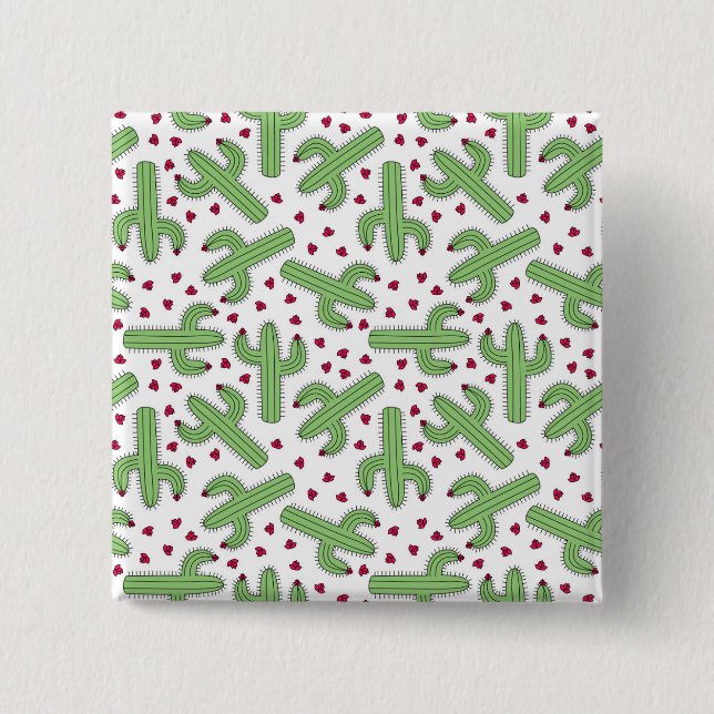 Illustrerade Cactus & Rosa Flowers Mönster Knapp (Framsida)