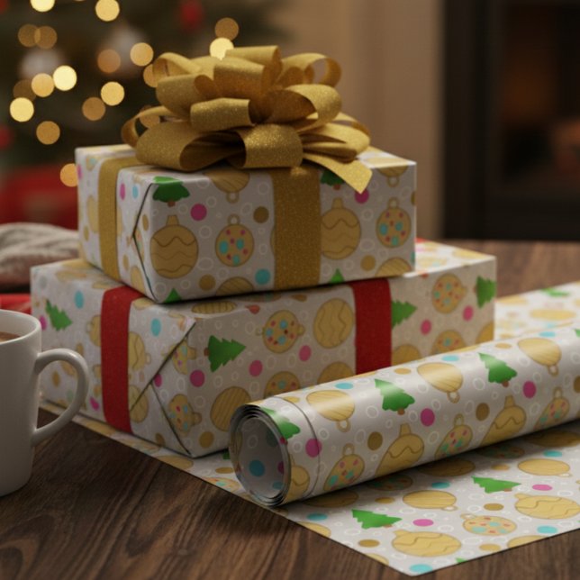 Illustrerade julgranar & Gulddekorationer Presentpapper (Holiday style hand drawn wrapping paper just waiting for those Christmas gifts.)