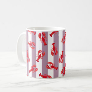Illustrerade röda humrar på grå-rosa ränder kaffemugg