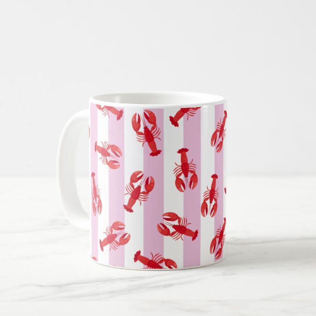 Illustrerade röda humrar på ljusa rosa ränder kaffemugg (Framsida vänster)