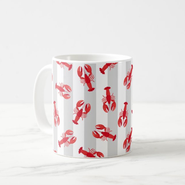 Illustrerade röda humrar på ljusgrå ränder kaffemugg (Framsida vänster)