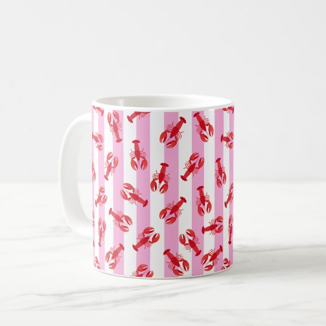 Illustrerade röda humrar på rosa ränder kaffemugg (Framsida vänster)