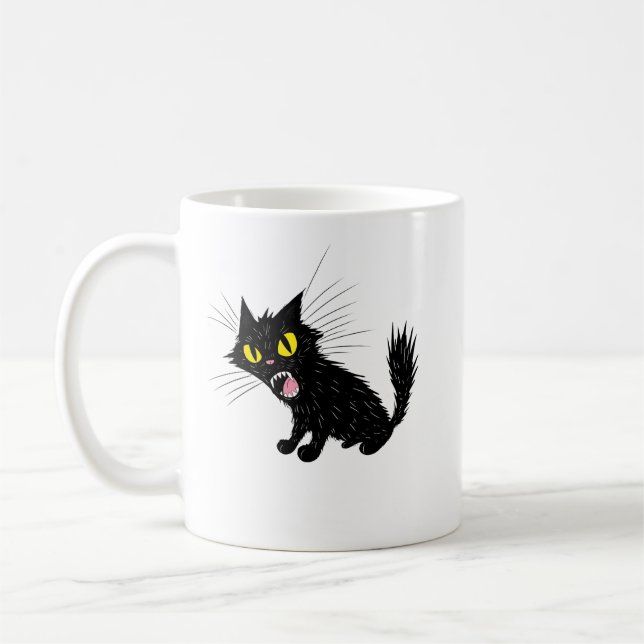 Ilska Svart Katt Tecknad T-Shirt Kaffemugg (Vänster)