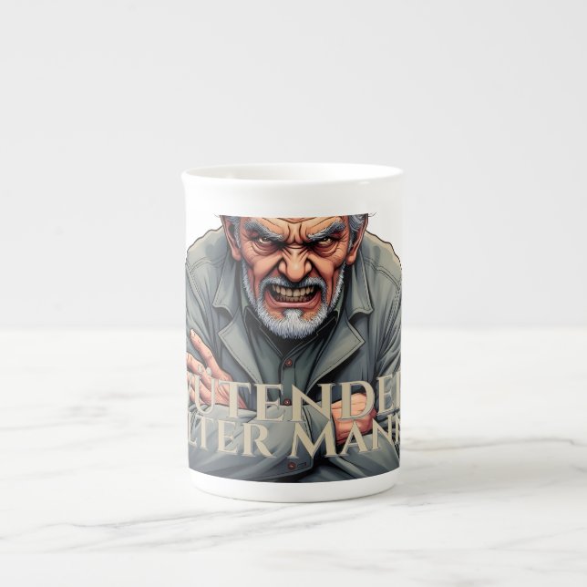 Ilsken gammal man – Tecknad illustration Benporslin Mugg (Framsidan)