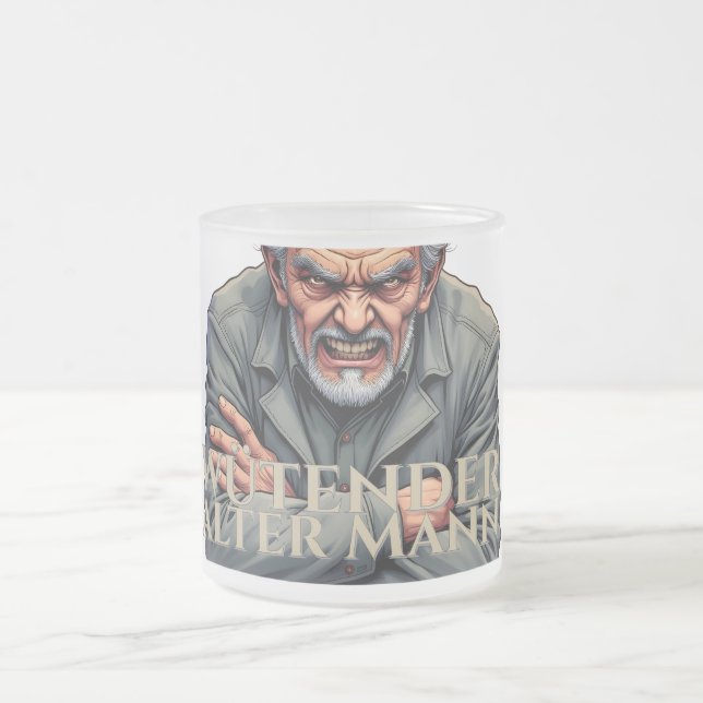 Ilsken gammal man – Tecknad illustration Frostad Glasmugg (Center)