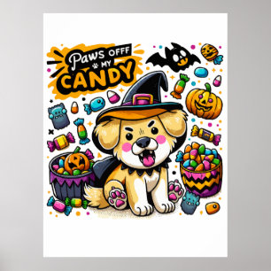 Ilsken Halloween-hund i häxhatt skyddar min godis Poster