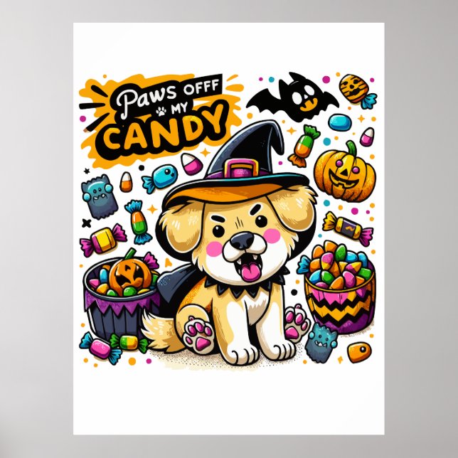 Ilsken Halloween-hund i häxhatt skyddar min godis Poster (Framsidan)