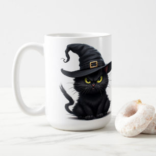 Ilsken Häxa Katt Med Lysande Ögon Halloween Natt Kaffemugg