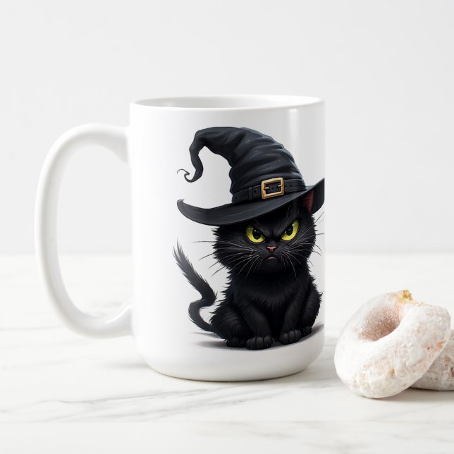 Ilsken Häxa Katt Med Lysande Ögon Halloween Natt  Kaffemugg (Med munk)
