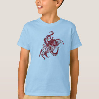 Ilsken jätte- tioarmad bläckfisk i rött t-shirt