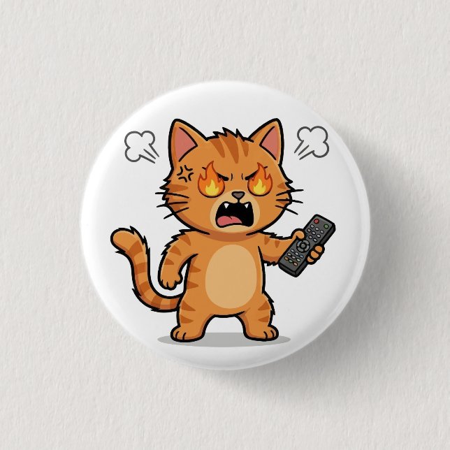 Ilsken katt som håller fjärrkontrollknapp knapp (Framsida)