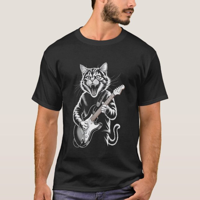 Ilsken katt som spelar gitarr rockfläktar och katt t shirt (Framsida)