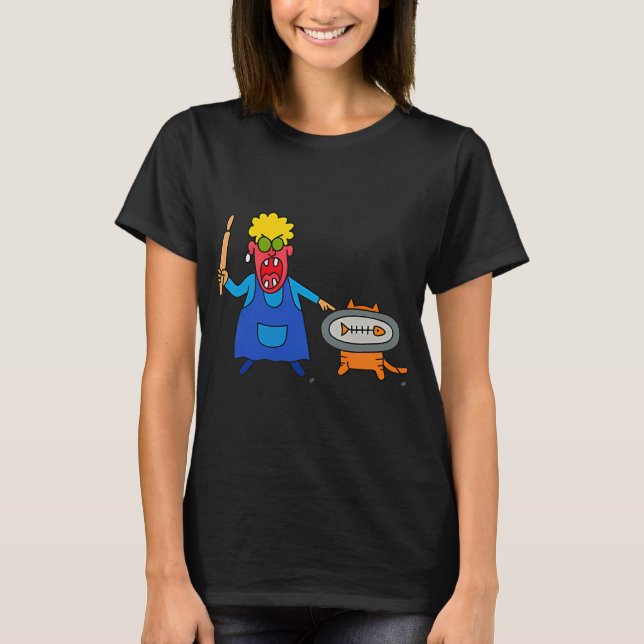 Ilsken kock och busig katt â€“ Rollig Handritad Ca T Shirt (Framsida)