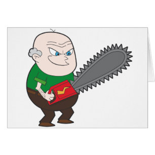 Ilsken man med chainsawtecknaden OBS kort