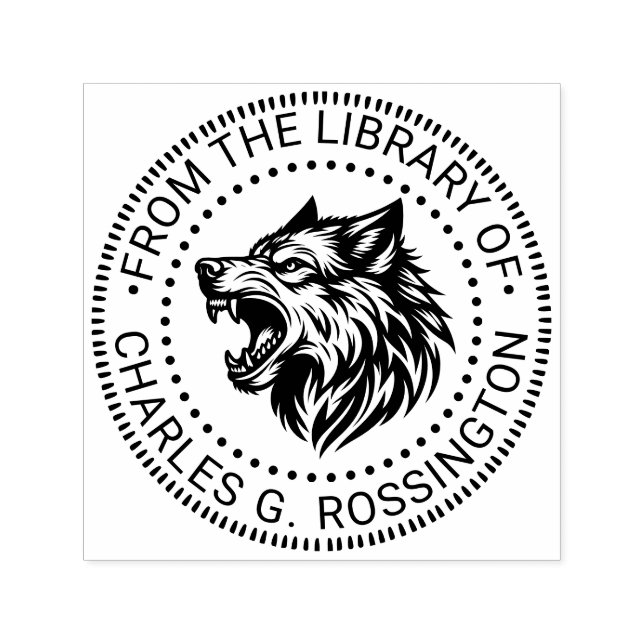 Ilsken varghuvud visar tänder bibliotek boknamn #2 självfärgande stämpel (Design)