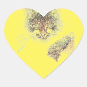 Ilsket Söt Katt Ansikte Skiss Hjärtformat Klistermärke