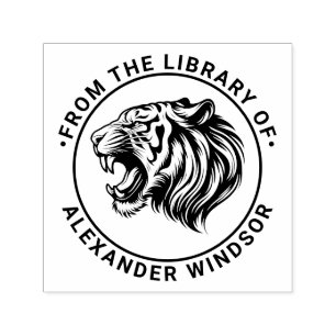 Ilskt Tigerhuvud Blottar Tänder Biblioteksboknamn Självfärgande Stämpel