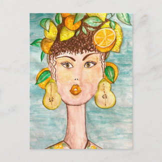 Ilustración de chica con frutas en la cabeza vykort