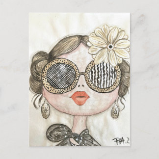 ilustracion de chica fashion con gafas en acuarela vykort