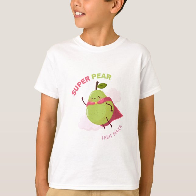 Ilustración infantil de una pera superhéroe t shirt (Framsida)