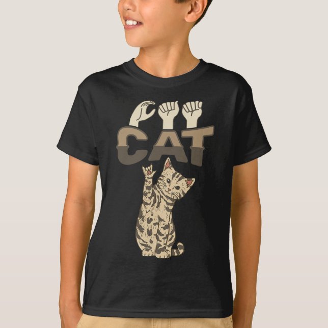 ILY Cat ASL Hand Gesture Döv Hearing Loss Awarene T Shirt (Framsida)