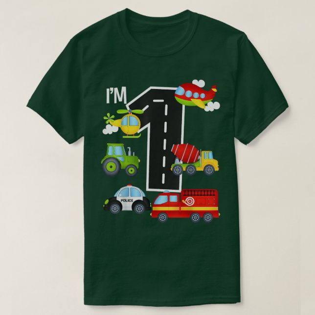I'm 1 Birthday Boy 1st Bday Car Fire Truck Airplan T Shirt (Design framsida)