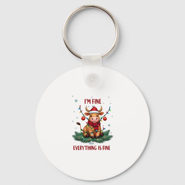 I'm Fine Everything is Fine Christmas Highland Cow Nyckelring (Framsida)