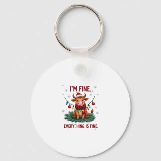 I'm Fine Everything is Fine Christmas Highland Cow Nyckelring (Framsida)