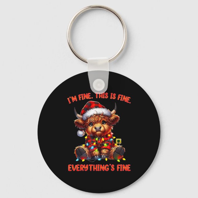 I'm Fine Everything Is Fine Christmas Highland Cow Nyckelring (Framsida)